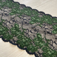  Pizzo elastico floreale nero e verde muschio