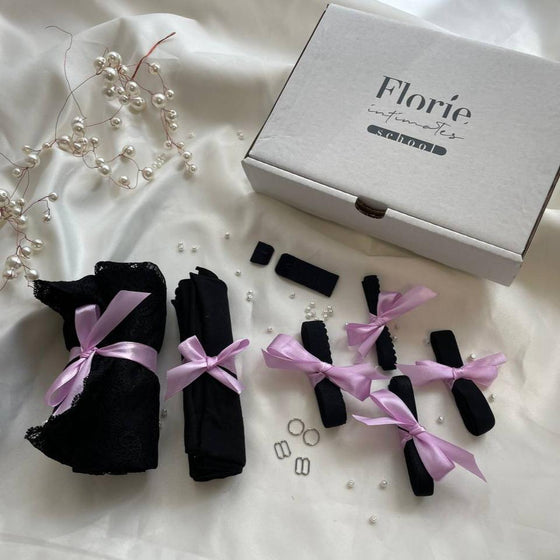 La box con tutti i materiali per il corso "Bralette+tanga", Florie Intimates School